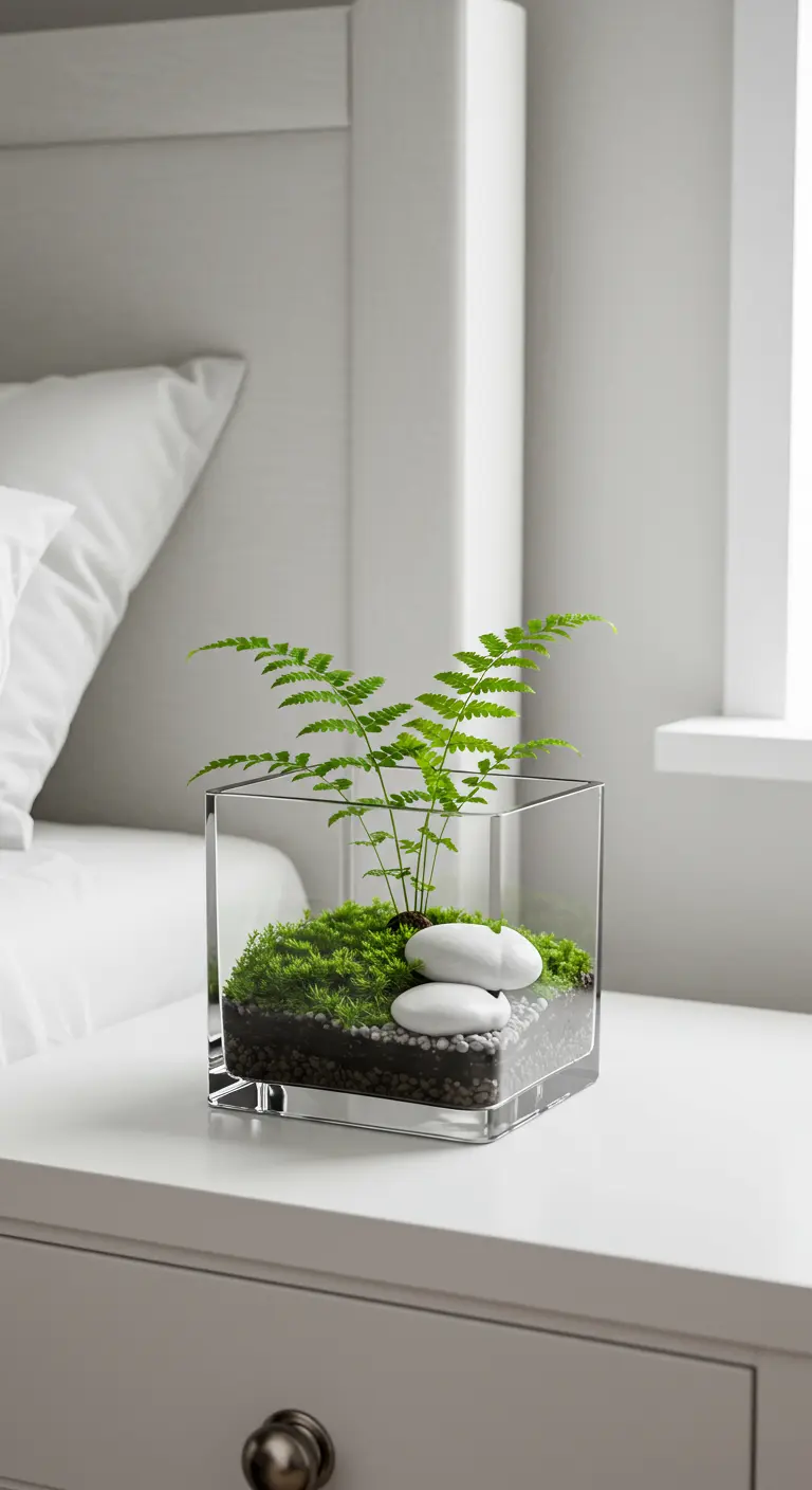Mini-terrarium cubique avec fougère, mousse et galets blancs sur une table de chevet blanche.