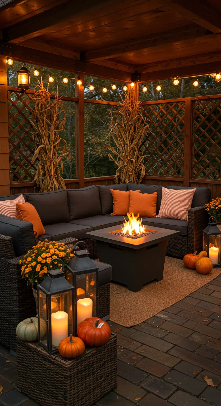 Salon d'extérieur cosy en automne avec un foyer, des lanternes, des coussins orange et des décorations de citrouilles.