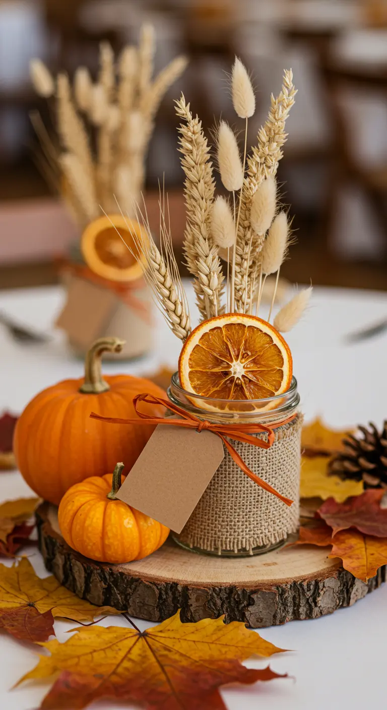 Pot décoré avec des fleurs séchées, une tranche d'orange et des citrouilles.