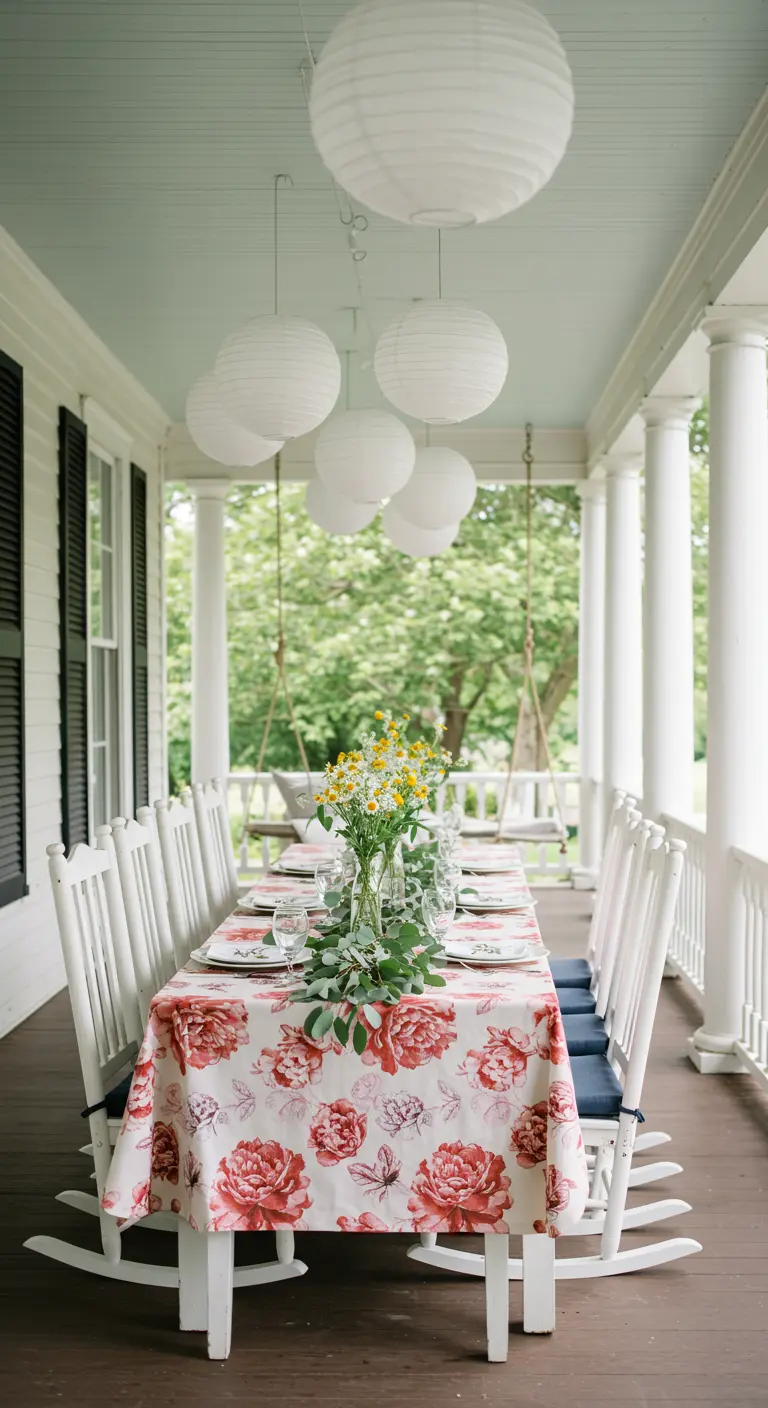 Longue table sur un porche blanc, avec une nappe à fleurs roses et une accumulation de lampions blancs suspendus.