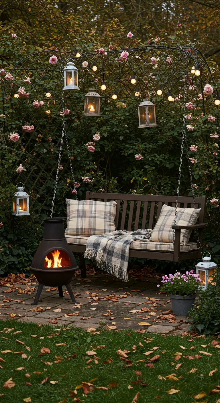 Arche de jardin avec balançoire, chiminea, lanternes et guirlandes lumineuses.