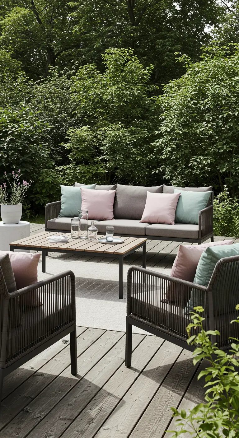 Salon de jardin moderne en rotin foncé avec des coussins rose poudré et vert d'eau sur une terrasse en bois.