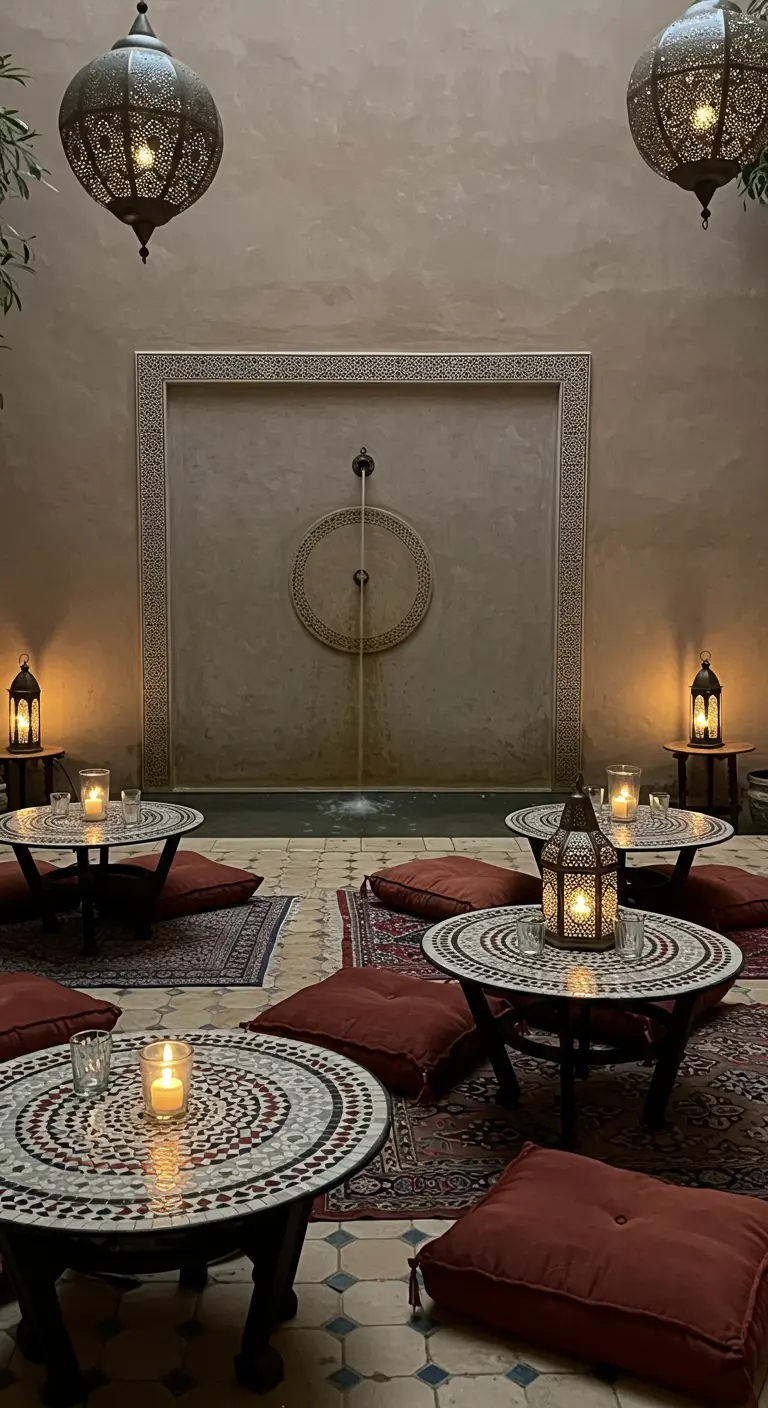 Patio marocain avec fontaine, tables rondes en mosaïque, coussins rouges et lanternes délicates.