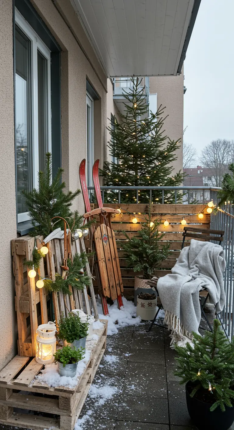 Balcon décoré pour Noël avec petits sapins, traîneau, banc en palettes, lumières et neige.