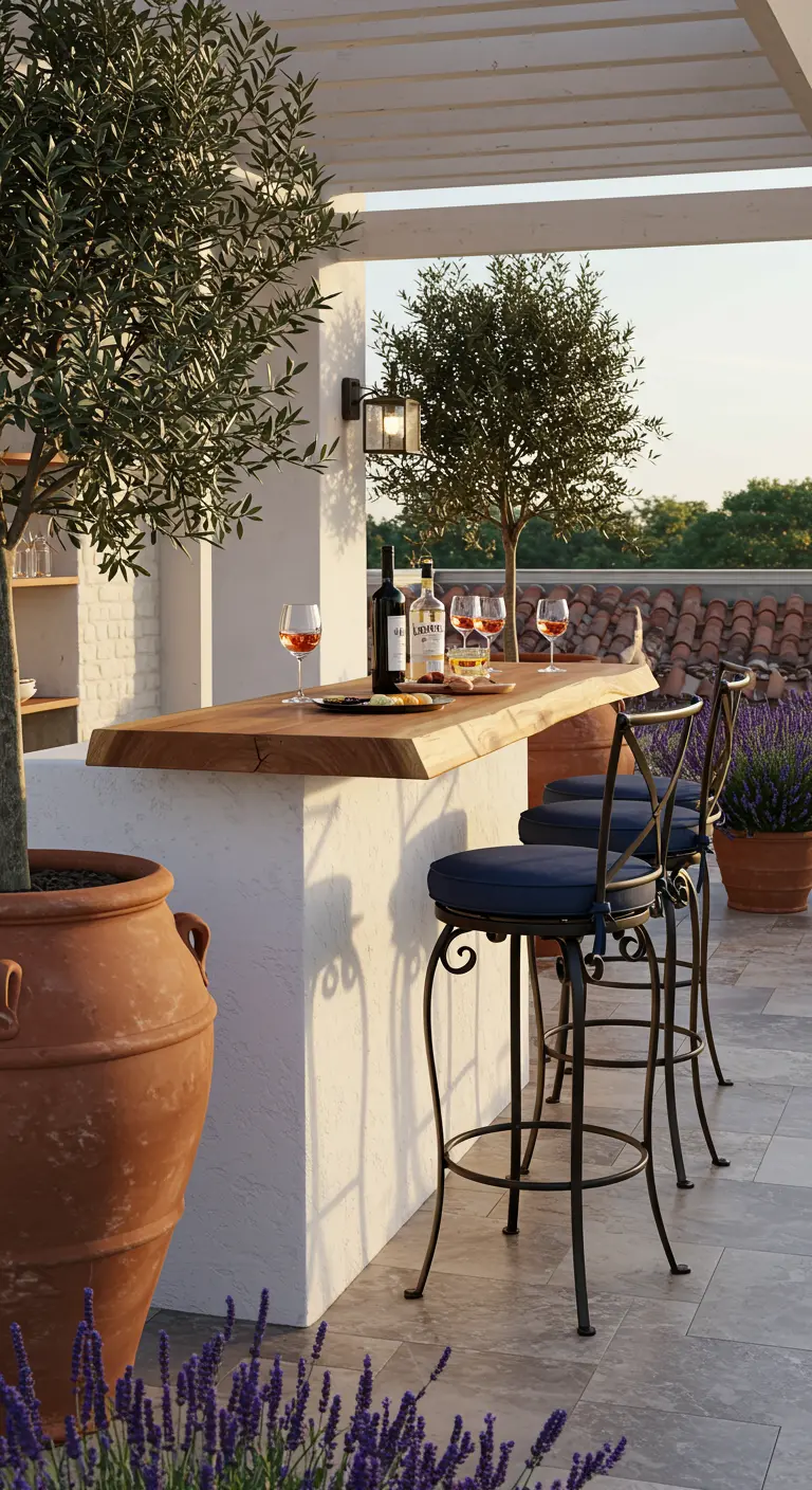 Bar de style méditerranéen avec plateau en bois brut et tabourets en fer forgé.