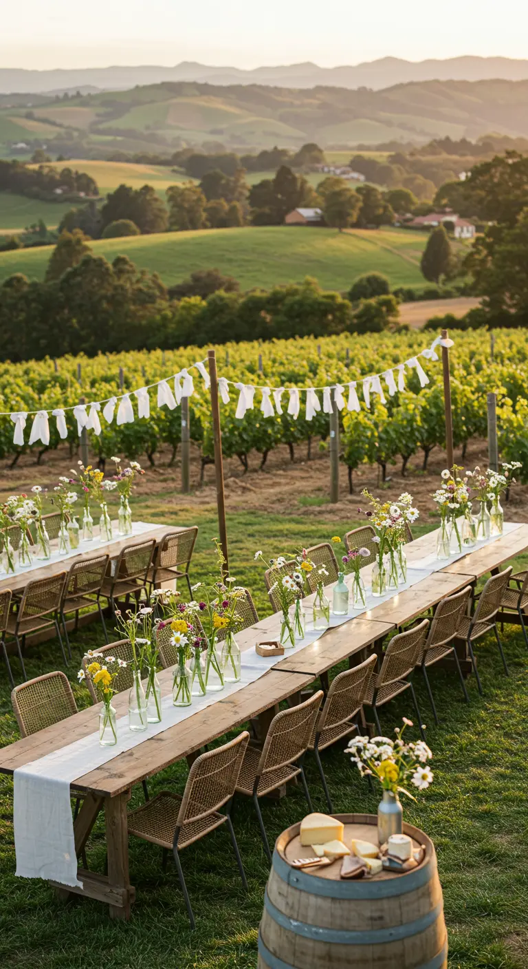 Longue table de réception en bois dans un vignoble, décorée de petits vases de fleurs et de guirlandes de fanions.