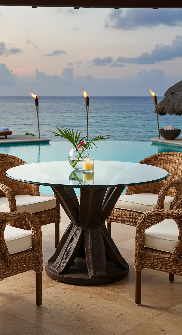 Table ronde avec pied en bois sculpté près d'une piscine face à la mer.