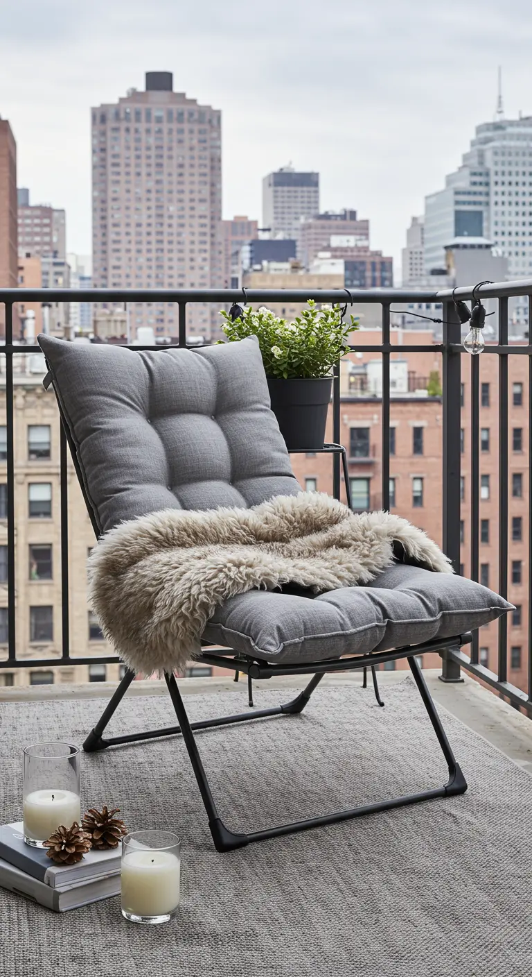 Chaise longue grise avec une peau de mouton sur un balcon urbain.