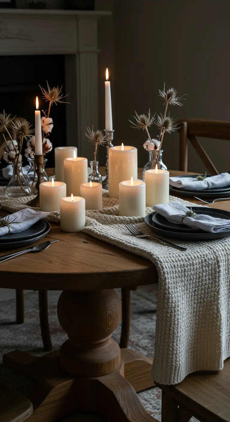 Table ronde en bois avec chemin de table tricoté, bougies blanches et décorations florales séchées.