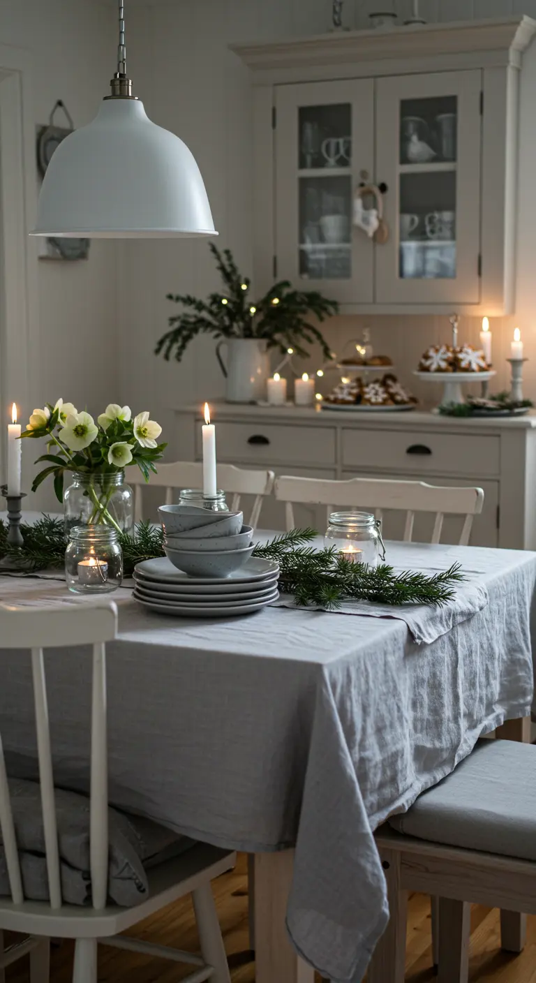 Table de Noël recouverte d'une nappe en lin gris, avec vaisselle en céramique.