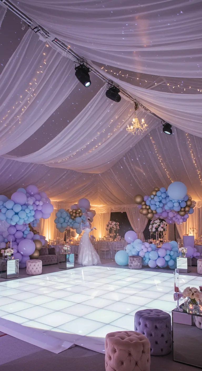 Salle élégante avec draperies blanches, ballons pastel et piste de danse blanche lumineuse.