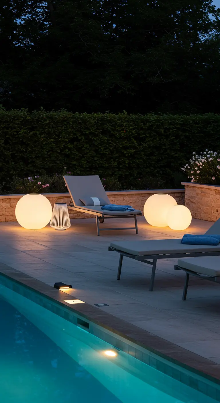 Des globes lumineux de différentes tailles posés près d'une piscine et de chaises longues.