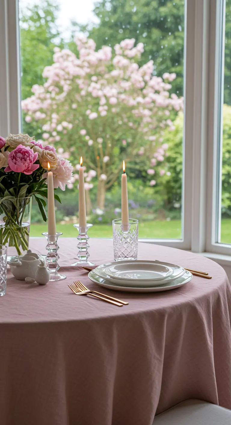 Table de dîner rose pastel près d'une fenêtre, avec un bouquet de pivoines et des bougies fines.