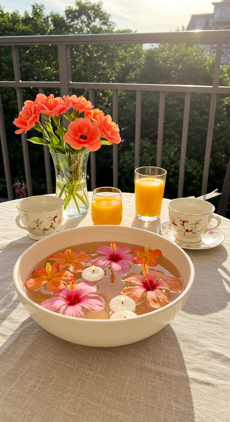 Petit-déjeuner sur un balcon avec un bol de fleurs et de bougies flottantes.
