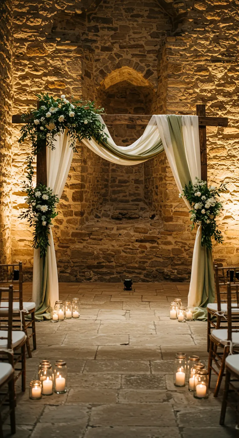 Arche de mariage en pierre avec bois, tissus vert sauge/crème, fleurs blanches et nombreuses bougies.