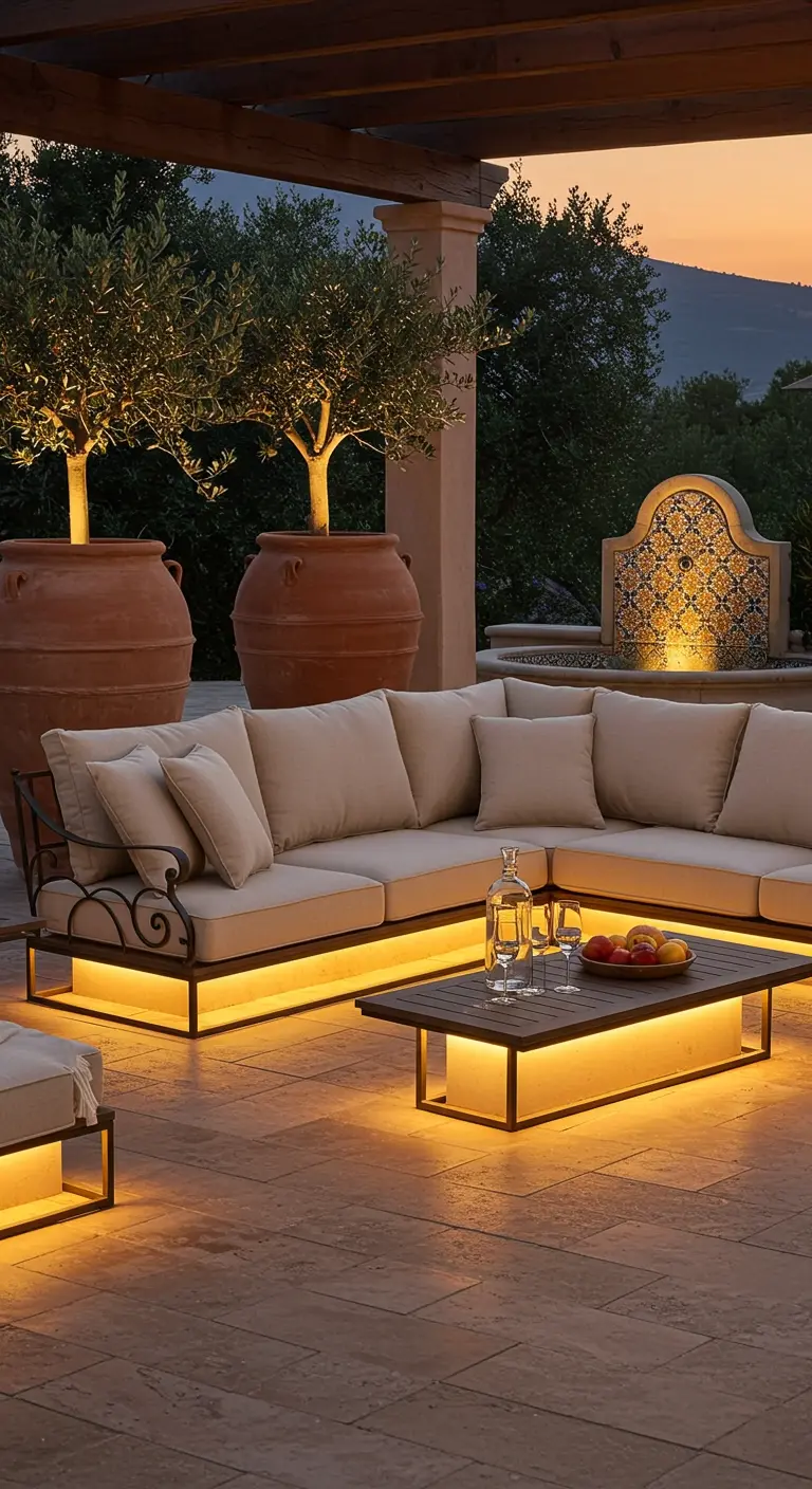 Grand canapé d'angle beige avec LED chaudes, oliviers en pots et fontaine mosaïque sur patio.
