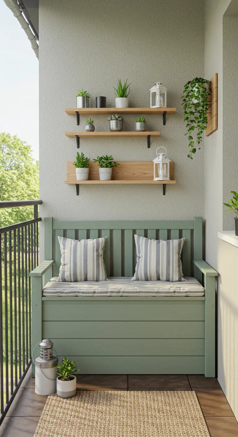 Banc de rangement vert sauge avec étagères murales flottantes sur un balcon.