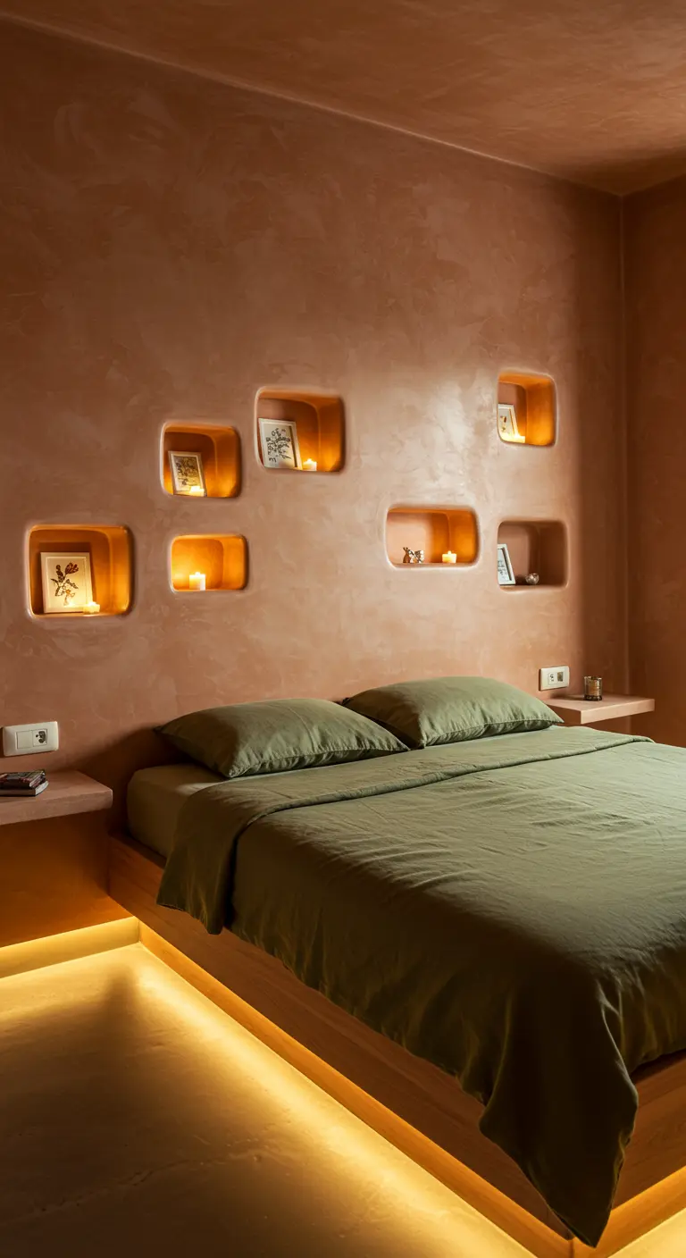 Mur en enduit couleur terre avec des niches rectangulaires éclairées par des LED.