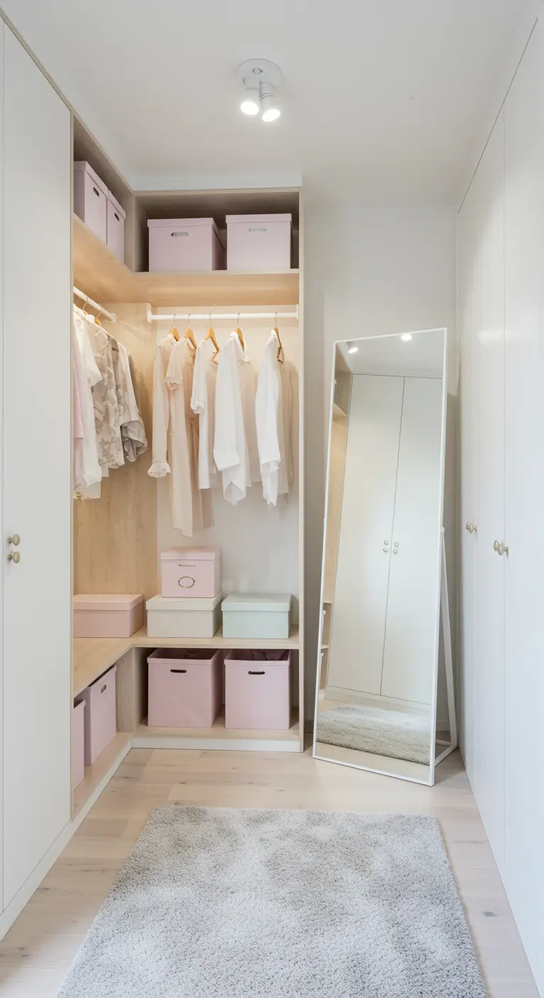Dressing minimaliste blanc avec rangements ouverts, boîtes pastel et miroir blanc sur pied.