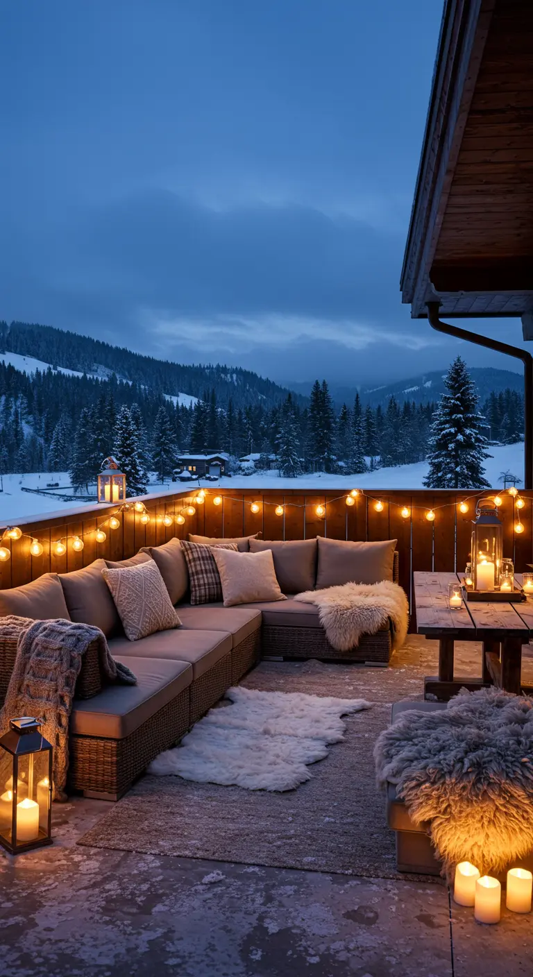 Terrasse enneigée avec salon extérieur, plaids en fausse fourrure et guirlandes lumineuses. 