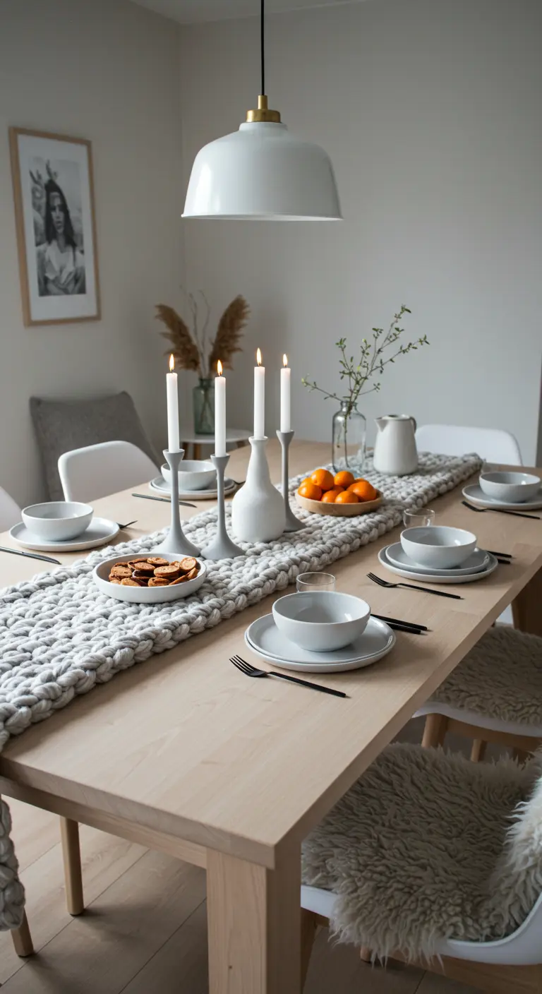 Table à manger lumineuse avec un chemin de table en grosse maille tressée grise et vaisselle blanche minimaliste.