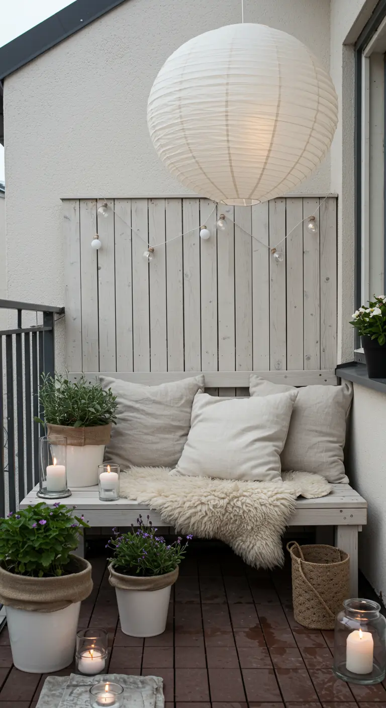 Banc blanc avec coussins beiges, peau de mouton et lumières douces.