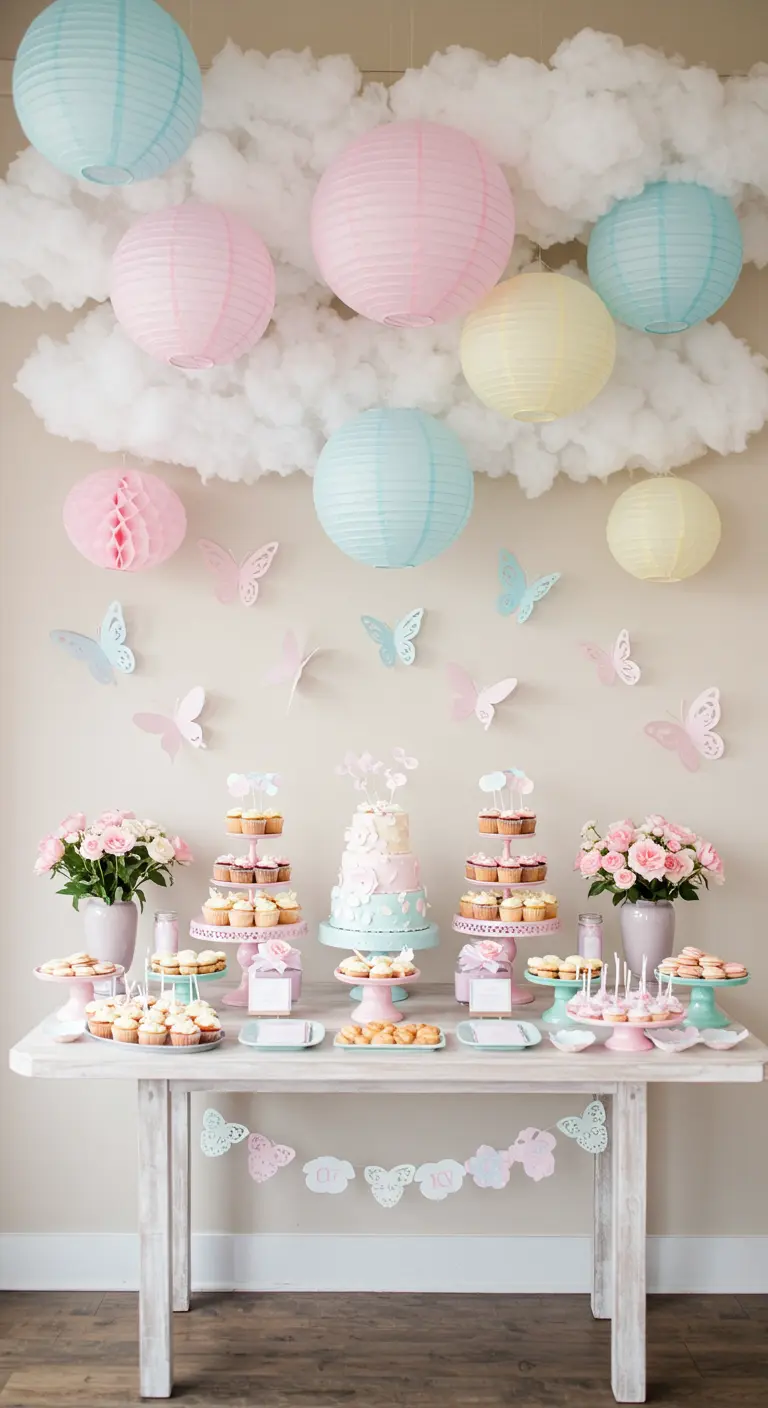 Table de desserts pour baby shower avec lampions pastel, nuages en coton et papillons en papier.