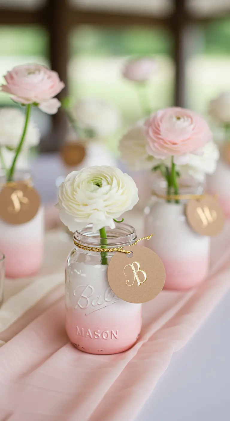 Pots Mason peints en dégradé rose et blanc avec des renoncules.