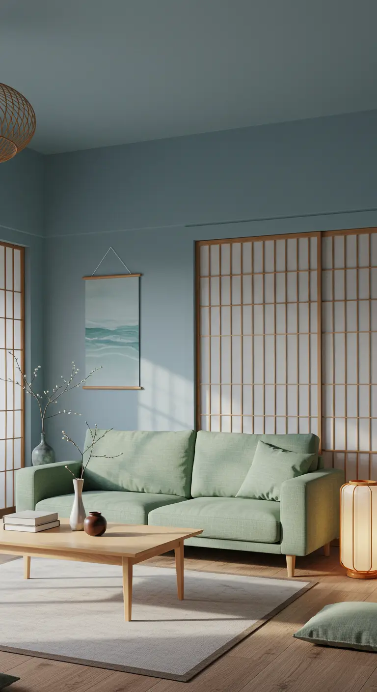 Salon Japandi aux tons pastels verts et bleus, avec canapé, écrans Shoji et lanterne en papier.