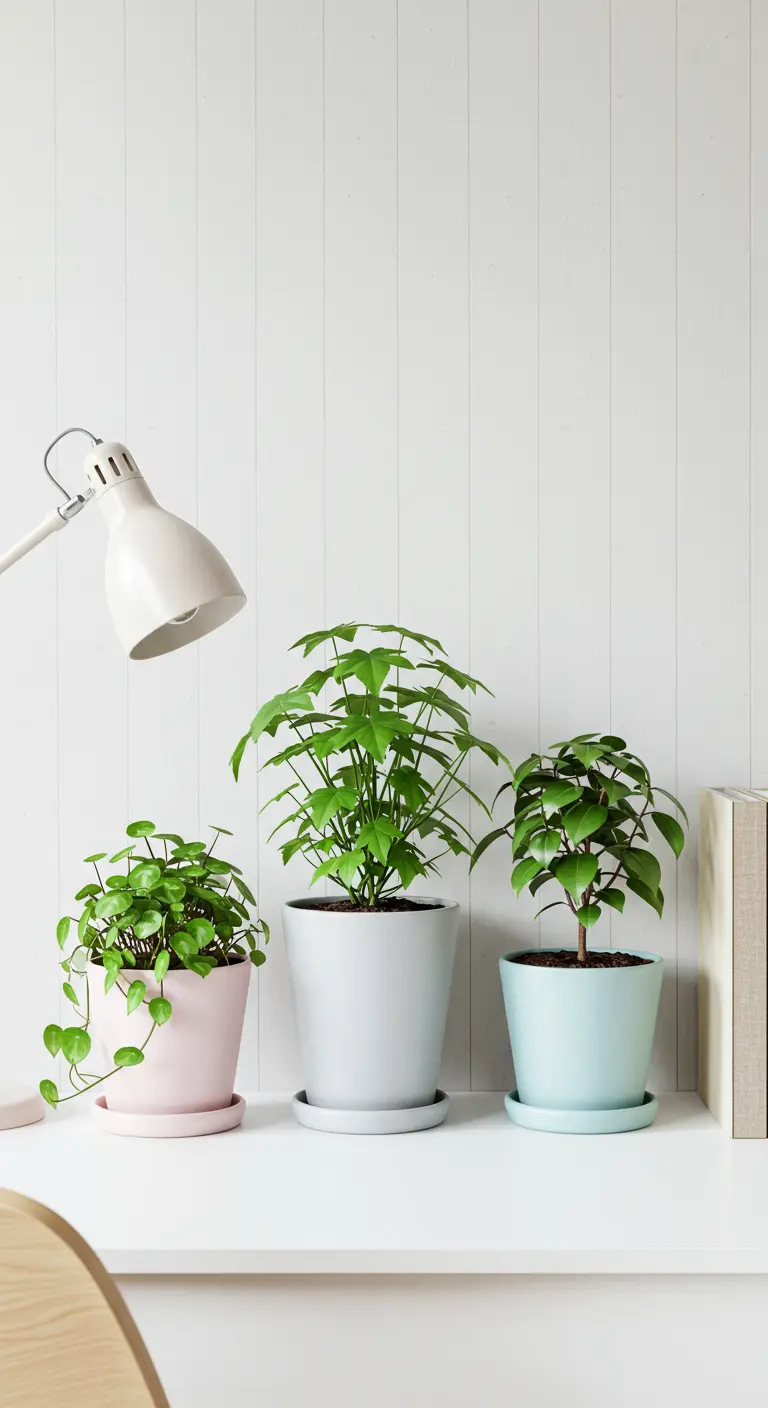 Trois petites plantes en pots pastel (rose, gris, bleu) alignées sur une étagère blanche.