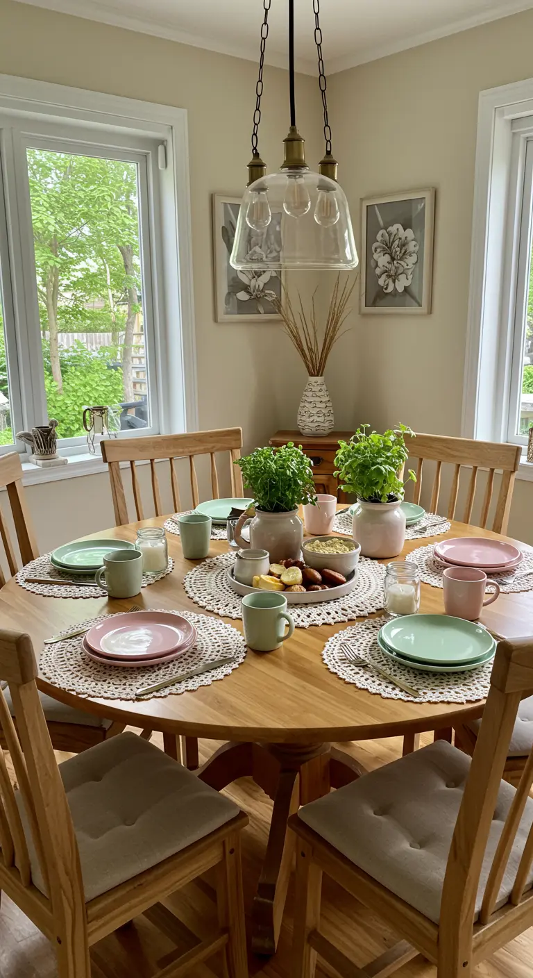 Table de brunch avec sets en crochet et vaisselle pastel.