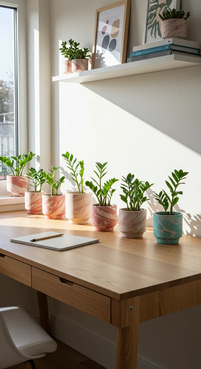 Petits pots marbrés pastel alignés sur un bureau en bois avec des plantes Zamioculcas.