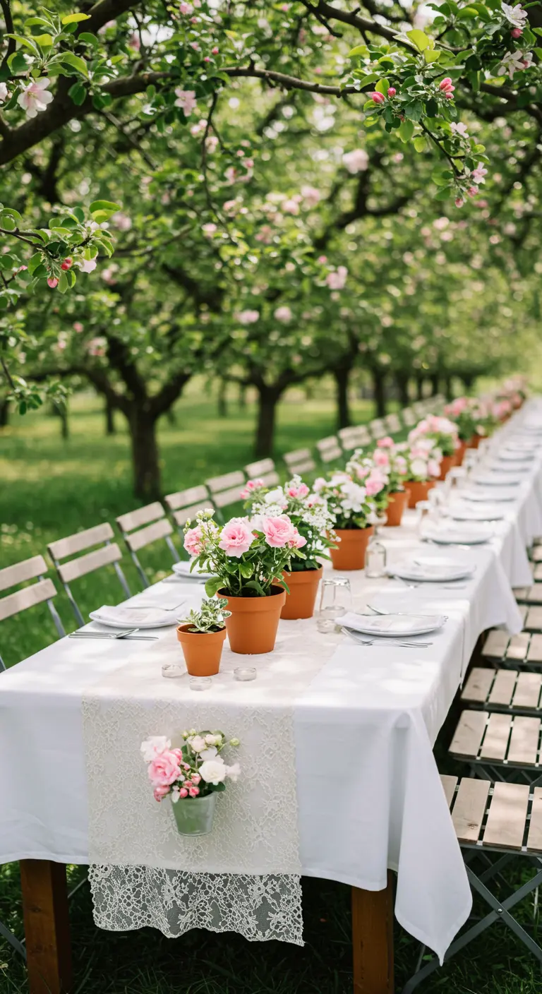 Longue table blanche dans un verger, décorée de pots de roses roses.
