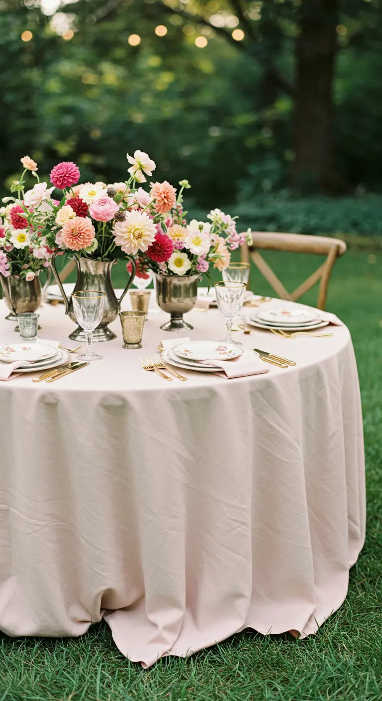 Table de mariage ronde avec nappe rose et bouquets de dahlias colorés.