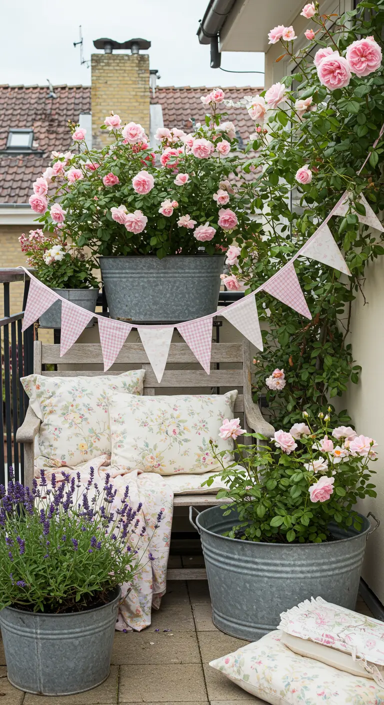 Balcon romantique avec des rosiers, des pots en zinc et des coussins fleuris.