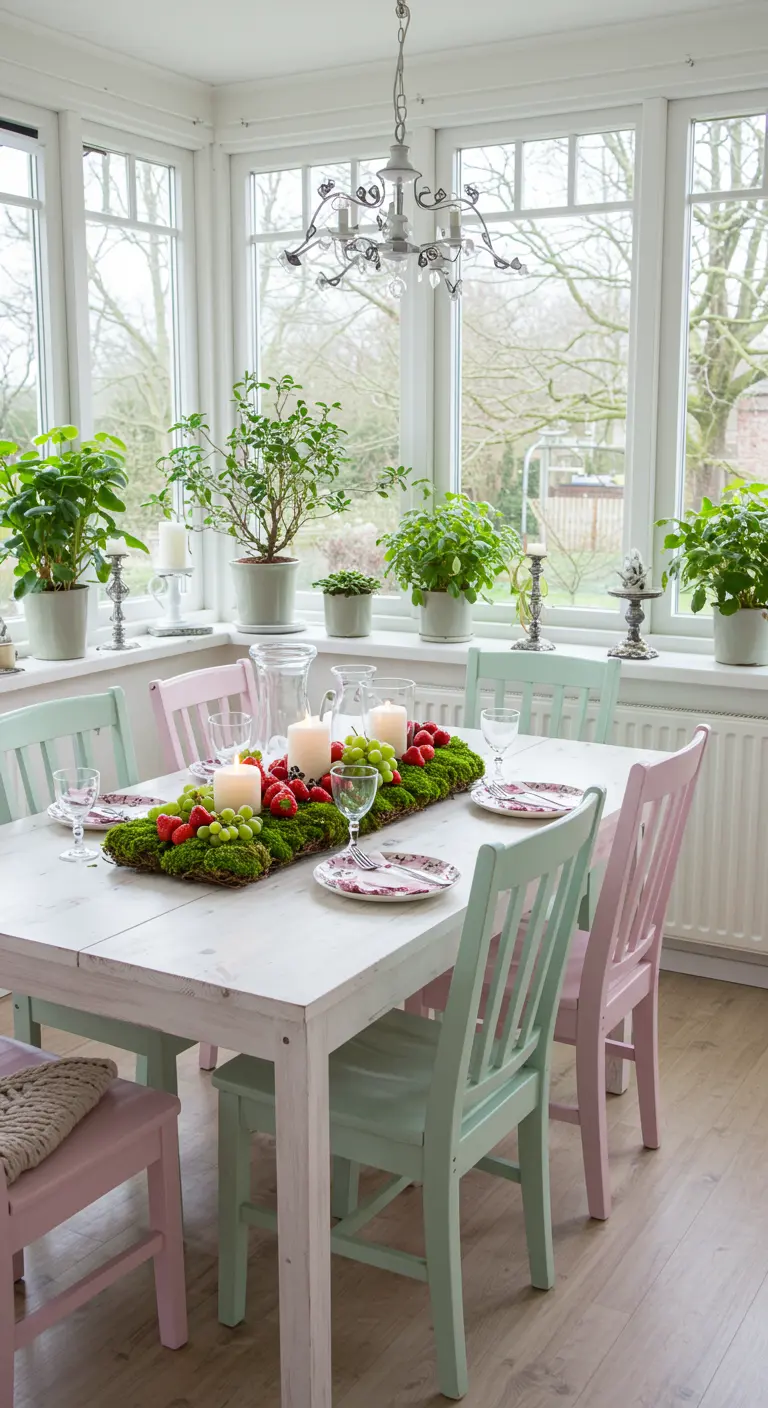 Centre de table printanier avec mousse, bougies, fraises et raisins sur table blanche, chaises pastel.