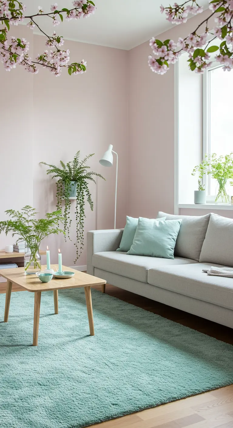 Salon aux murs roses avec un tapis et des coussins vert d'eau.