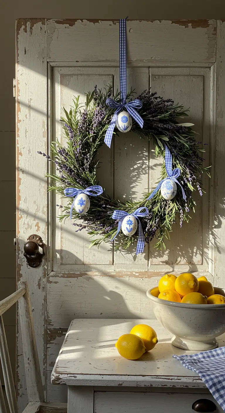 Couronne de lavande et romarin avec des œufs peints en bleu sur une porte blanche rustique.