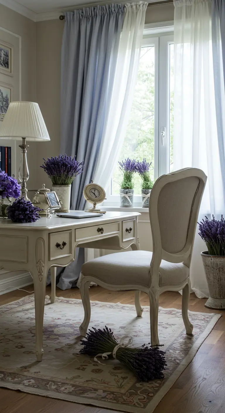 Bureau élégant de style français avec plusieurs bouquets de lavande et des rideaux bleus.
