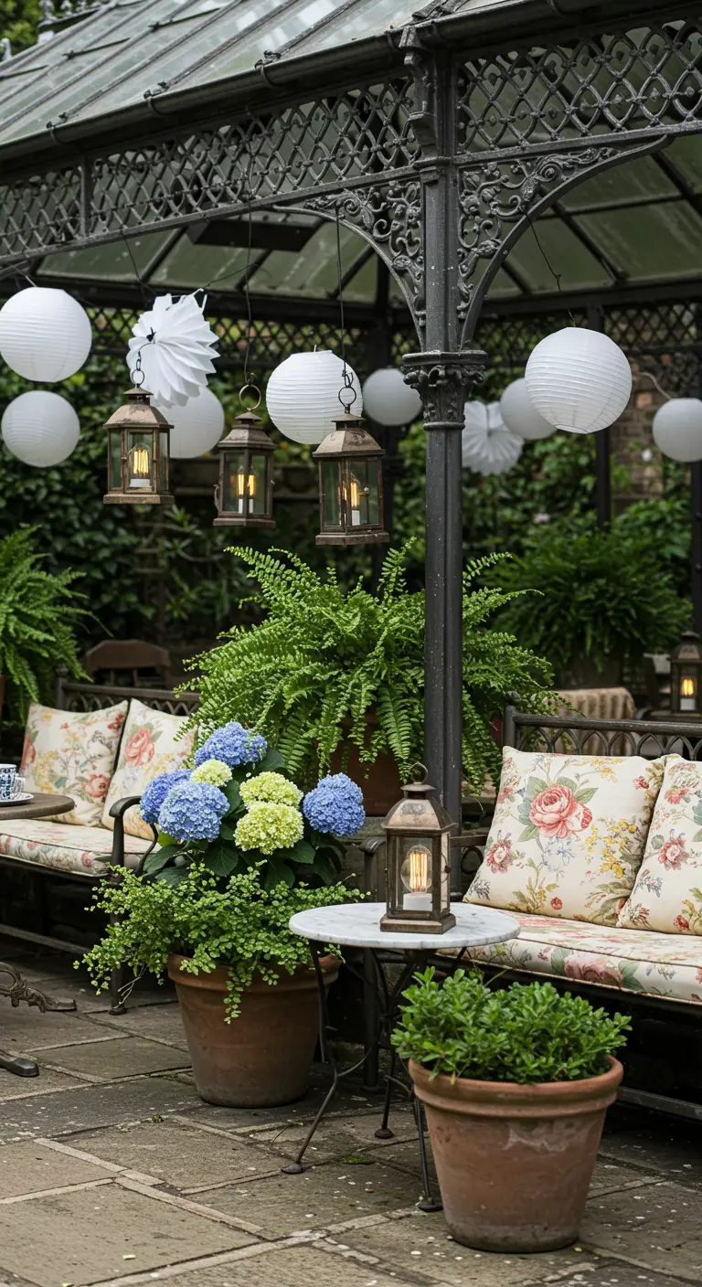 Jardin romantique avec lampions blancs, lanternes anciennes, hydrangeas et bancs fleuris.