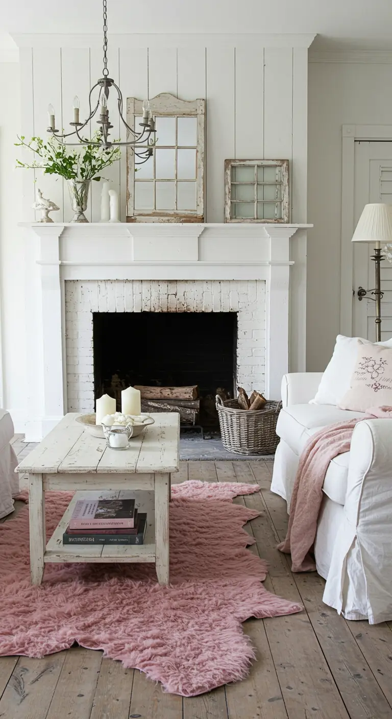 Salon shabby chic avec cheminée blanche, mobilier vieilli et tapis rose poudré.