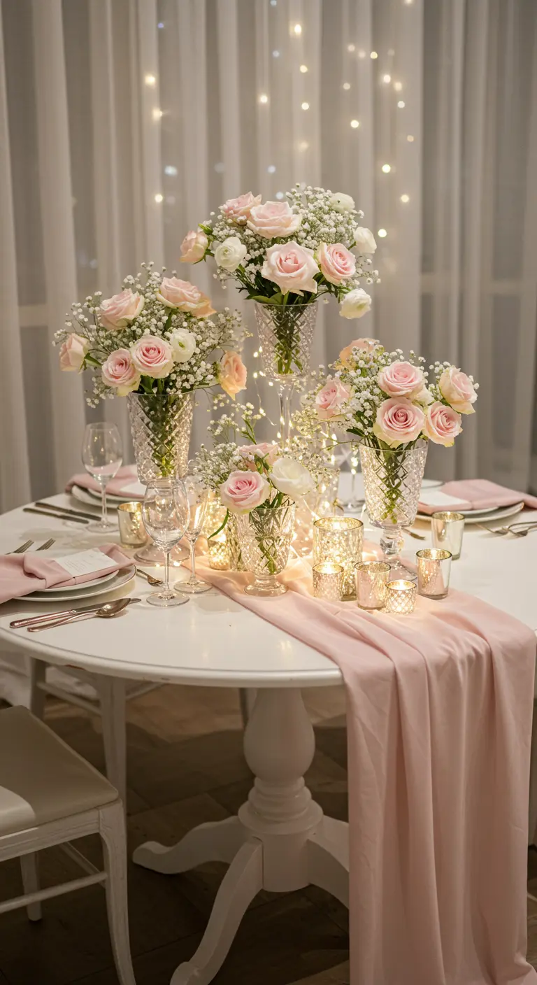 Table romantique avec roses roses et gypsophile dans des vases en verre, lumière tamisée.