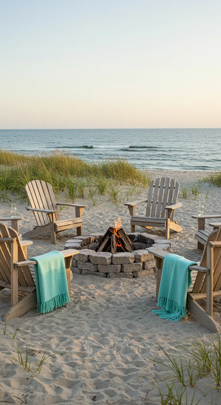 Plage avec fauteuils Adirondack en bois clair, brasero en pierre, sable et plaids turquoise