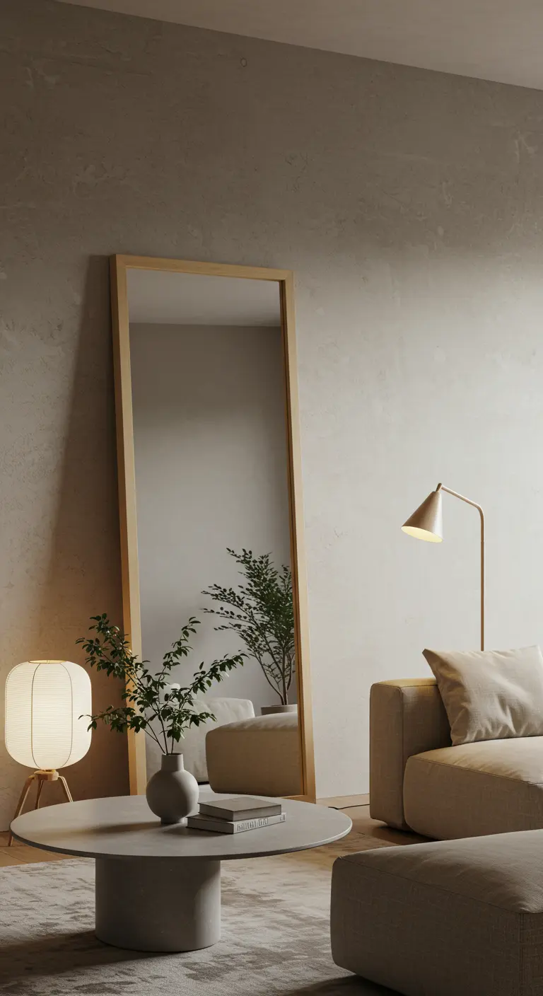 Grand miroir encadré de bois clair posé contre un mur beige texturé dans un salon minimaliste.
