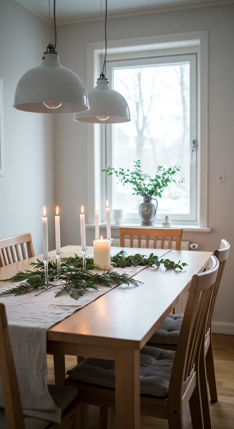 Table en bois clair avec chemin de table en lin, bougies blanches et verdure.