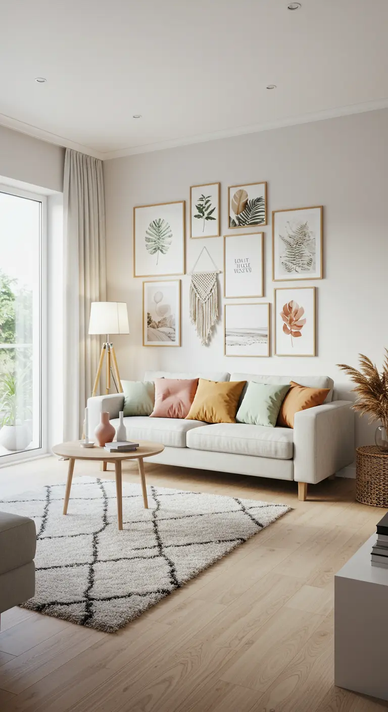 Salon lumineux d'inspiration scandinave-bohème, avec un macramé mural et des coussins pastel.