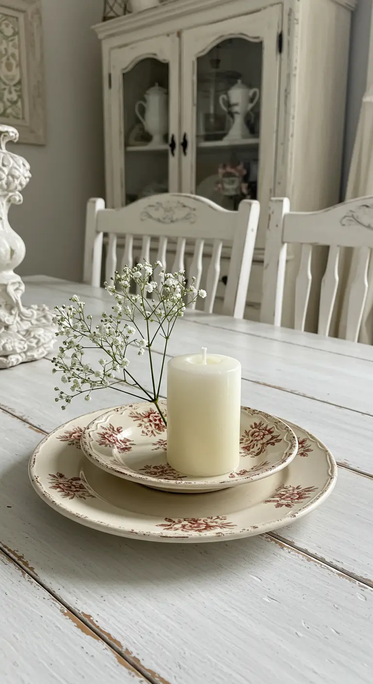 Superposition d'assiettes vintage avec bougie blanche et gypsophile.