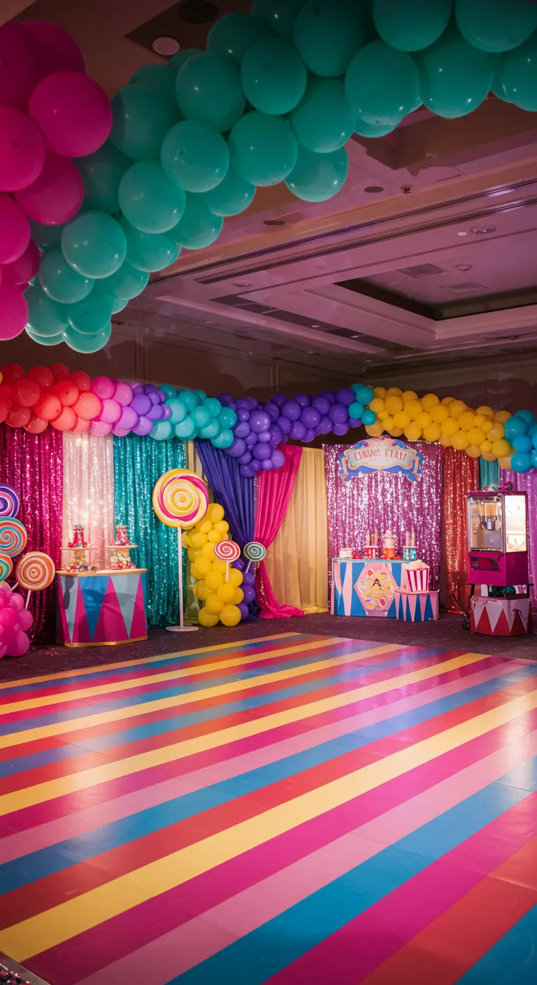 Salle de fête sur le thème des bonbons avec rideaux pailletés, arches de ballons colorés et piste de danse rayée.