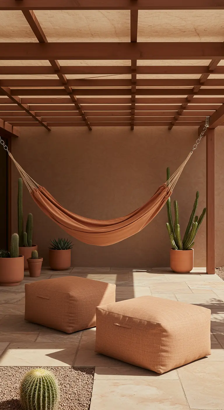 Hamac et poufs terracotta sous une pergola avec des cactus.