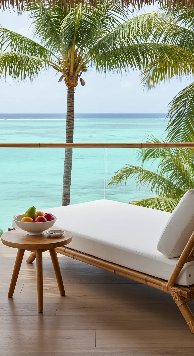 Daybed en bambou avec coussin blanc sur un balcon, vue sur la mer et les palmiers, table basse avec fruits.